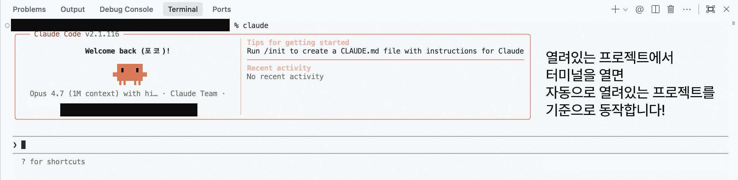 프로젝트에서 클로드 코드를 열면 보이는 모습